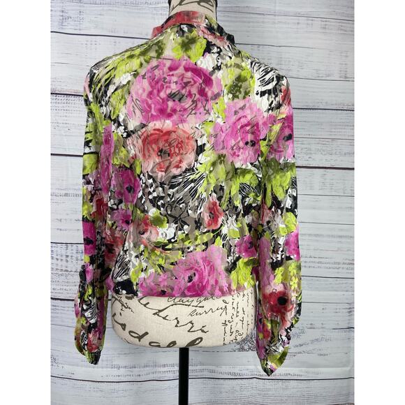 Linear Button Front Lace Shirt Womens M Floral Tie Front Roll Tab Nylon Stretch - Picture 8 of 15